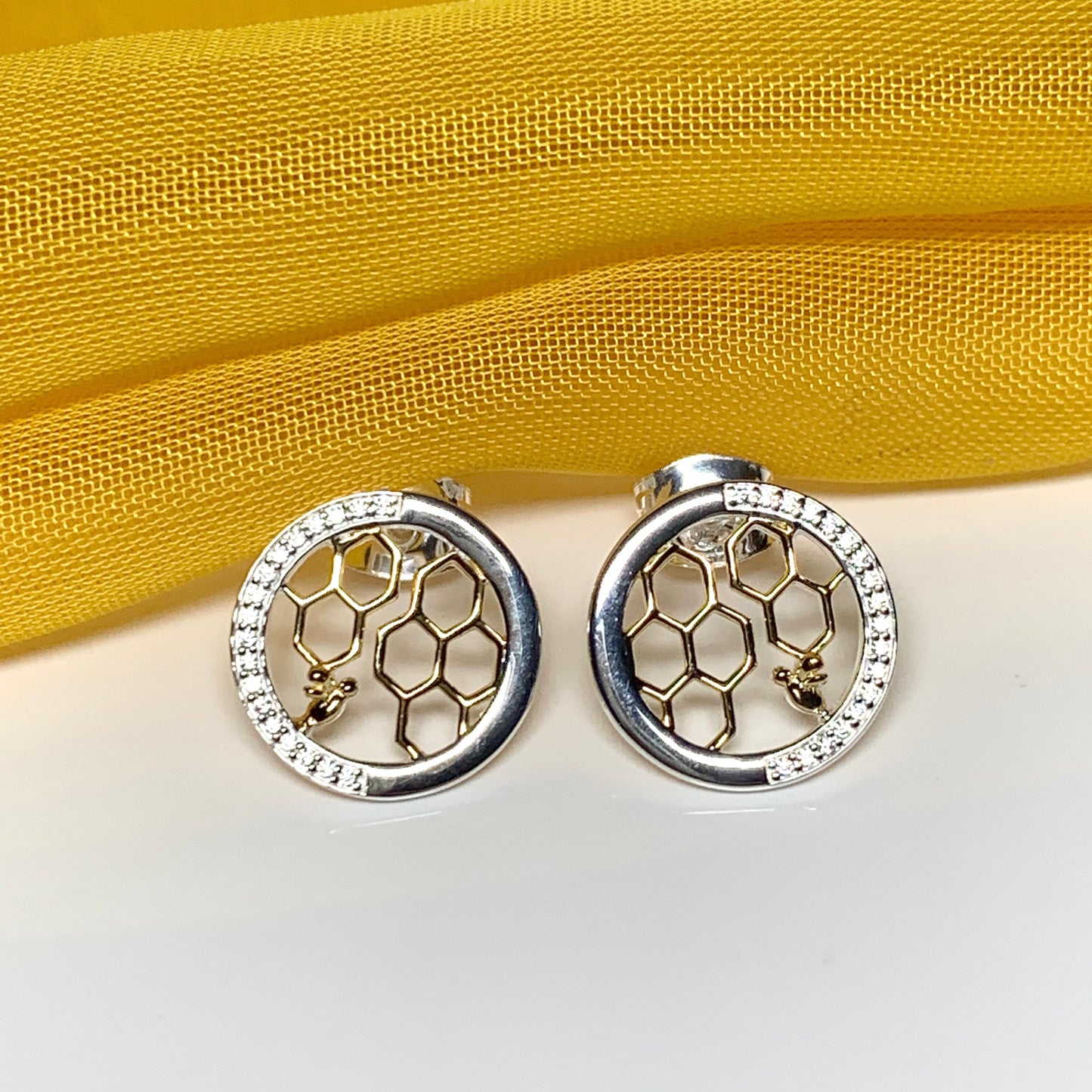 Bee stud earrings sterling silver gilt round honeycomb
