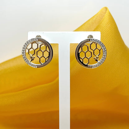 Bee stud earrings sterling silver gilt round honeycomb