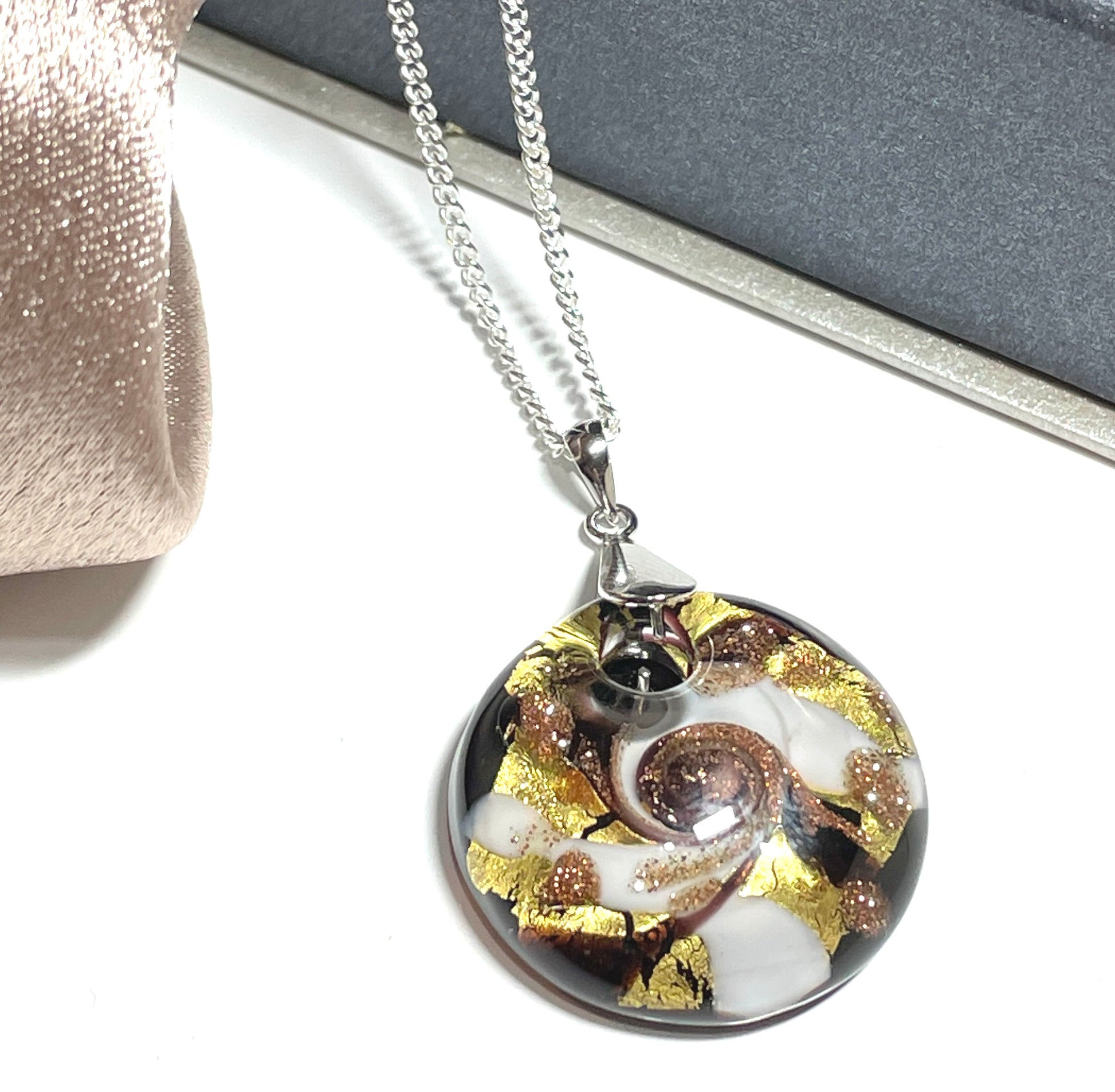 Murano Glass Round Drop Pendant Black Gold