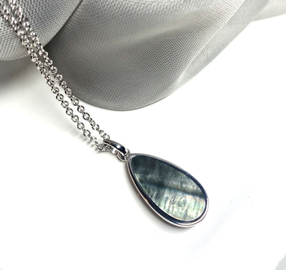 Black Mother of Pearl Pear Teardrop Sterling Silver Necklace