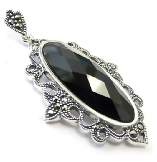 Black Onyx And Marcasite Long Drop Oval Shaped Necklace Pendant Sterling Silver