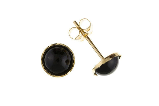 Black Onyx Round Stud Earrings Set In Yellow Gold