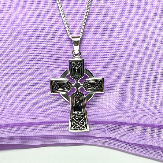 Black enamelled sterling silver Celtic cross including chain