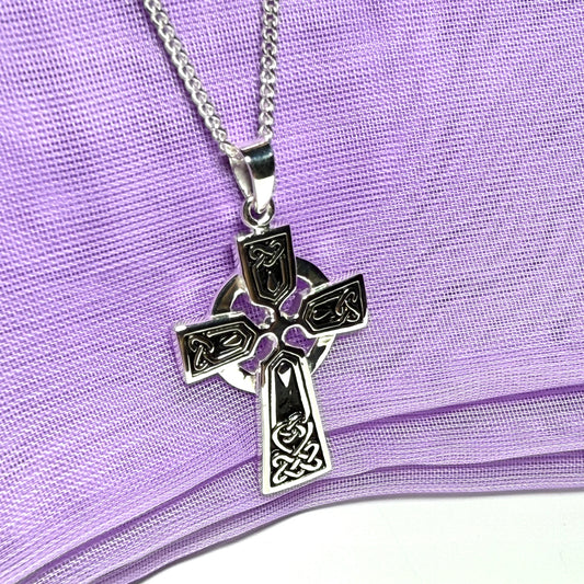 Black enamelled sterling silver Celtic cross including chain