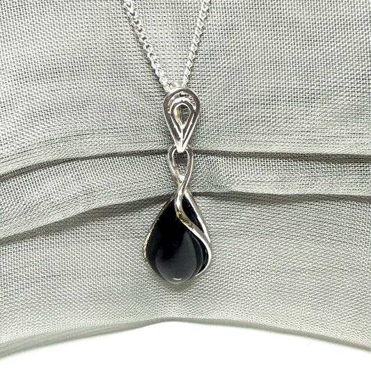 Black pendant real jet pear teardrop shaped sterling silver necklace