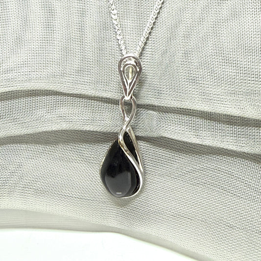 Black pendant real jet pear teardrop shaped sterling silver necklace