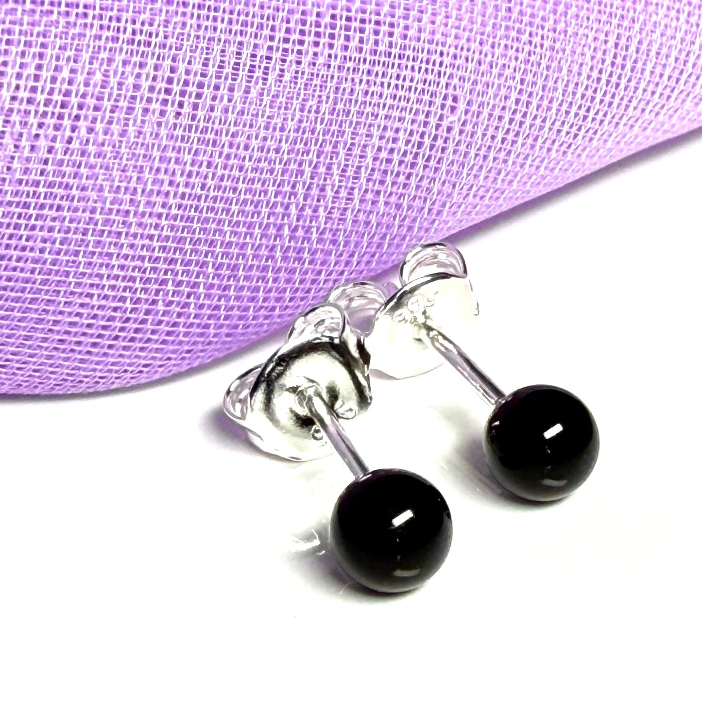 Black real onyx round ball shaped stud earrings