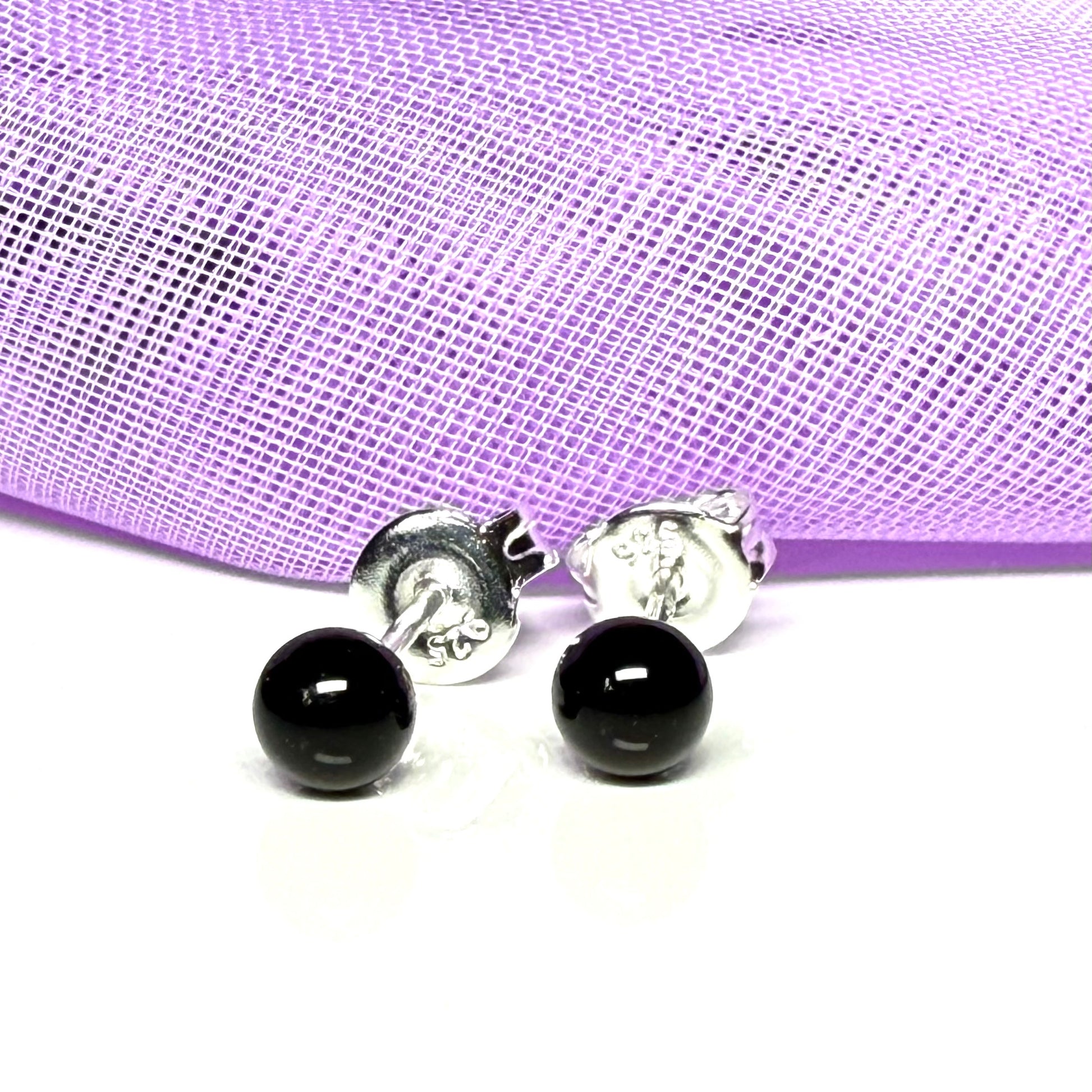 Black real onyx round ball shaped stud earrings