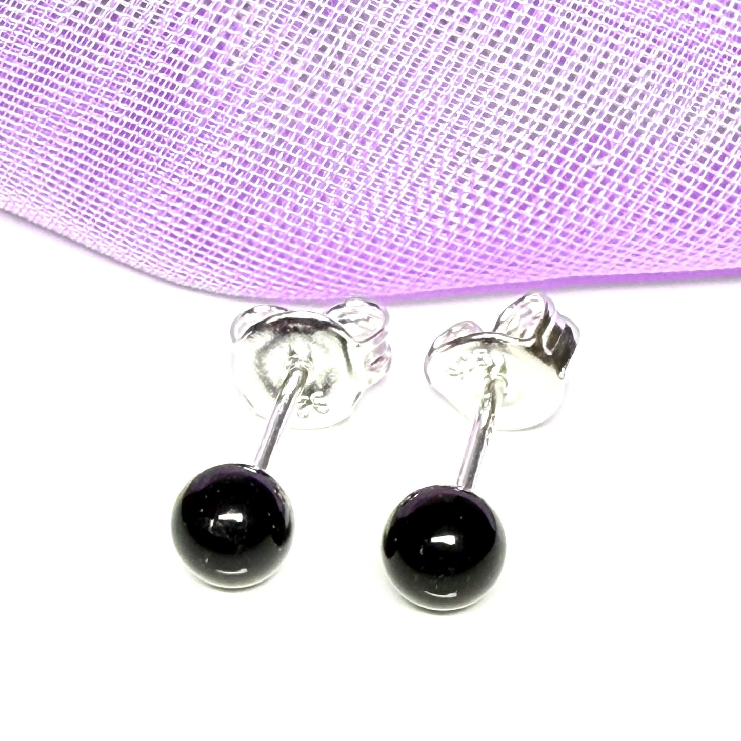 Black real onyx round ball shaped stud earrings