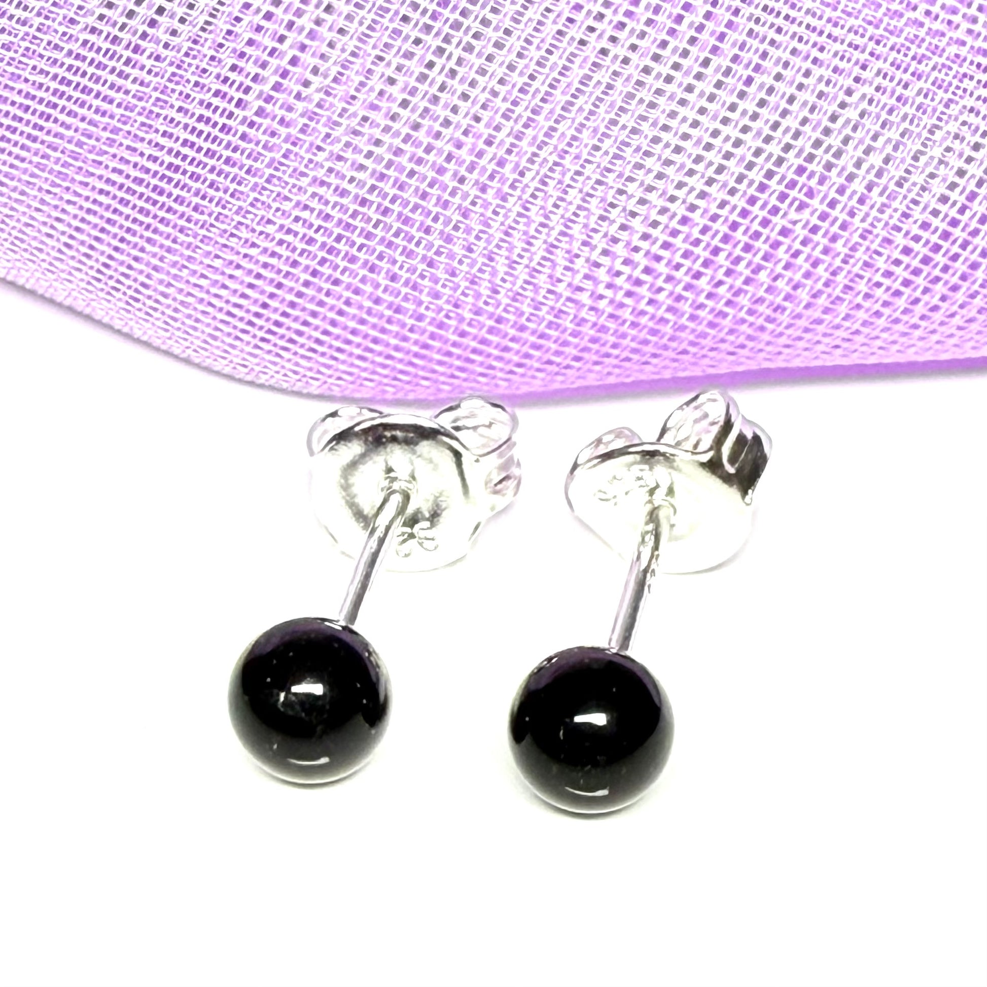 Black real onyx round ball shaped stud earrings