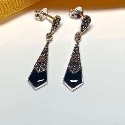 Black agate and marcasite small drop kite shaped earrings sterling silver