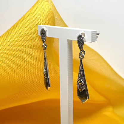 Black agate and marcasite small drop kite shaped earrings sterling silver