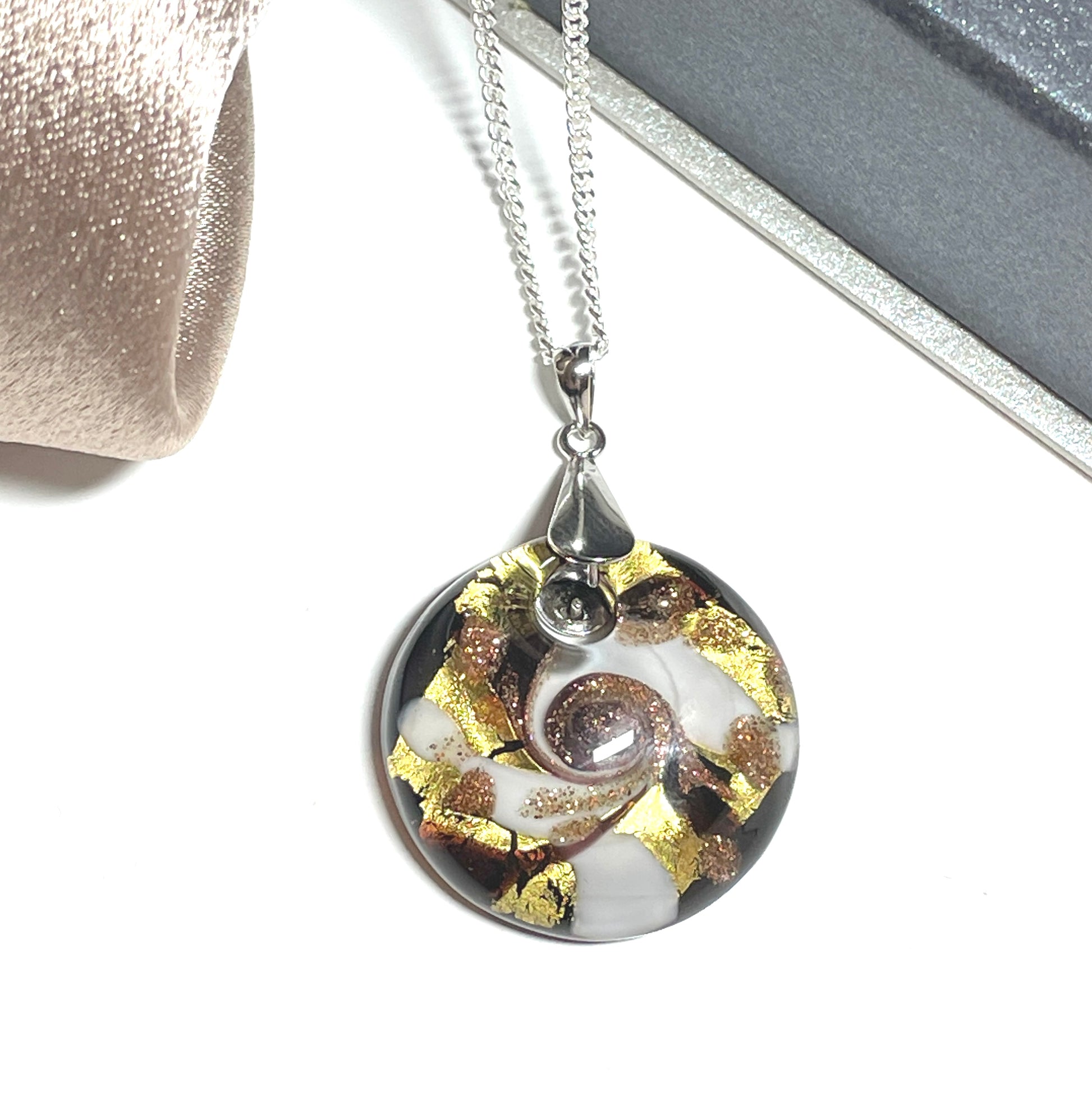 Murano Glass Round Drop Pendant Black Gold