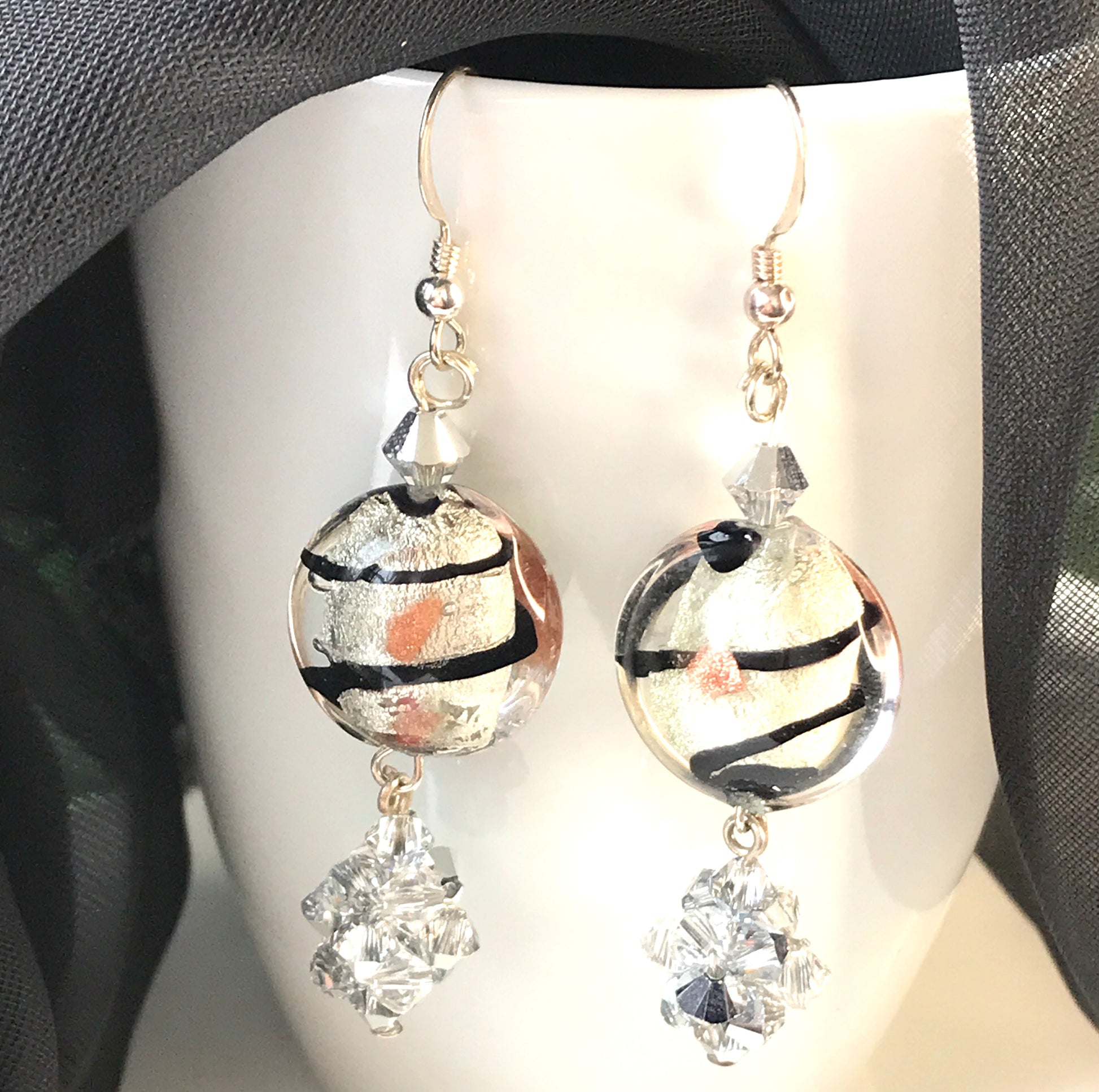 Black and clear round real Murano glass drop earrings