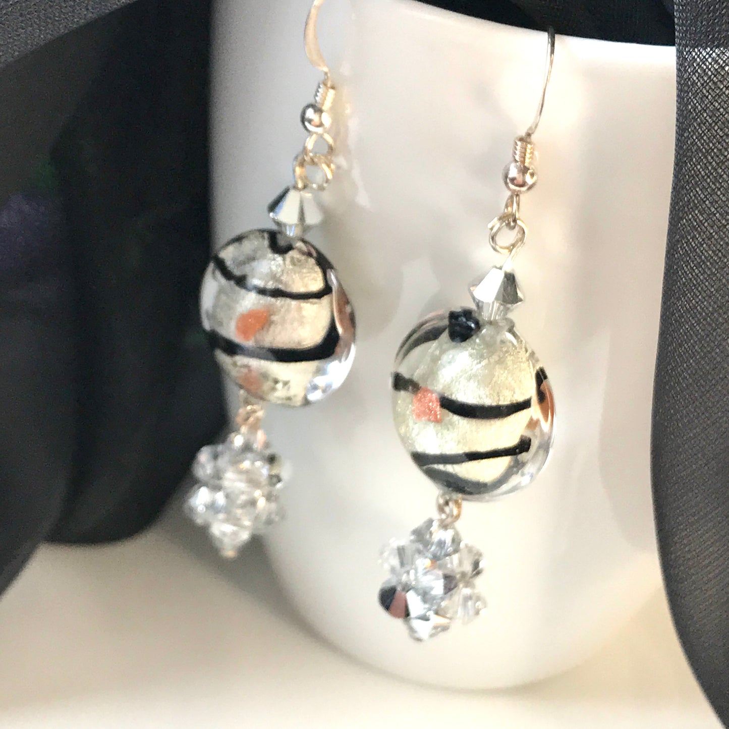 Black and clear round real Murano glass drop earrings
