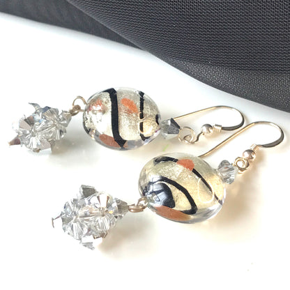 Black and clear round real Murano glass drop earrings