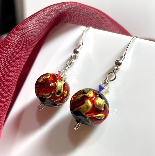 Murano glass black and red round drop earrings