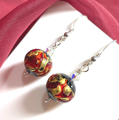 Murano glass black and red round drop earrings