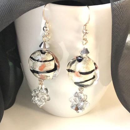 Black and clear round real Murano glass drop earrings