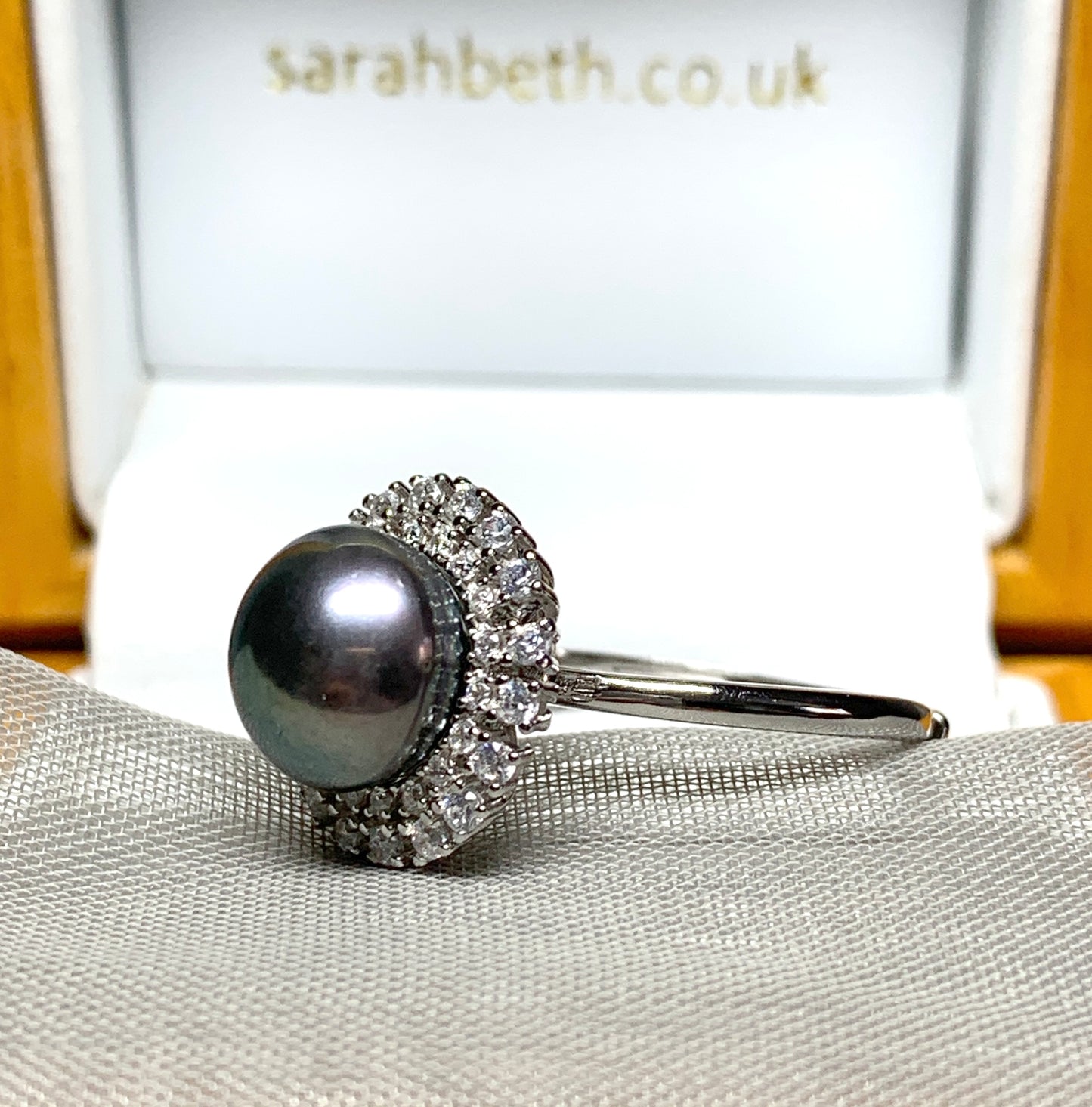 Black grey pearl cluster ring round pearl sterling silver cubic zirconia