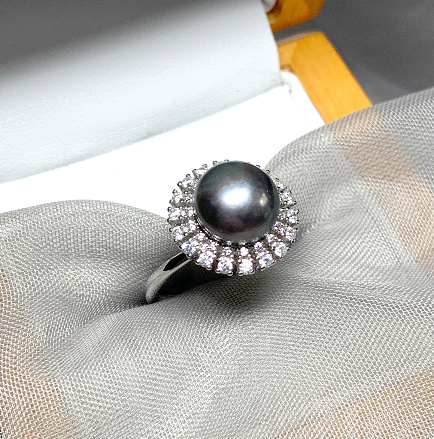 Black grey pearl cluster ring round pearl sterling silver cubic zirconia