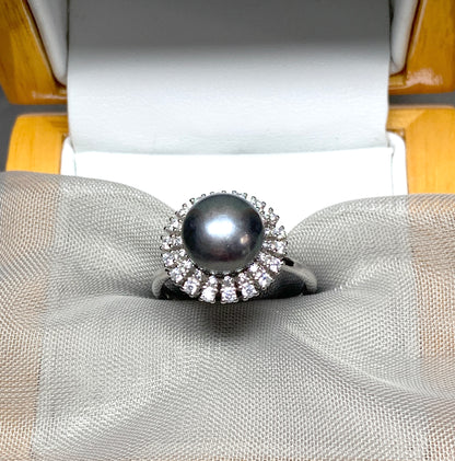 Black grey pearl cluster ring round pearl sterling silver cubic zirconia