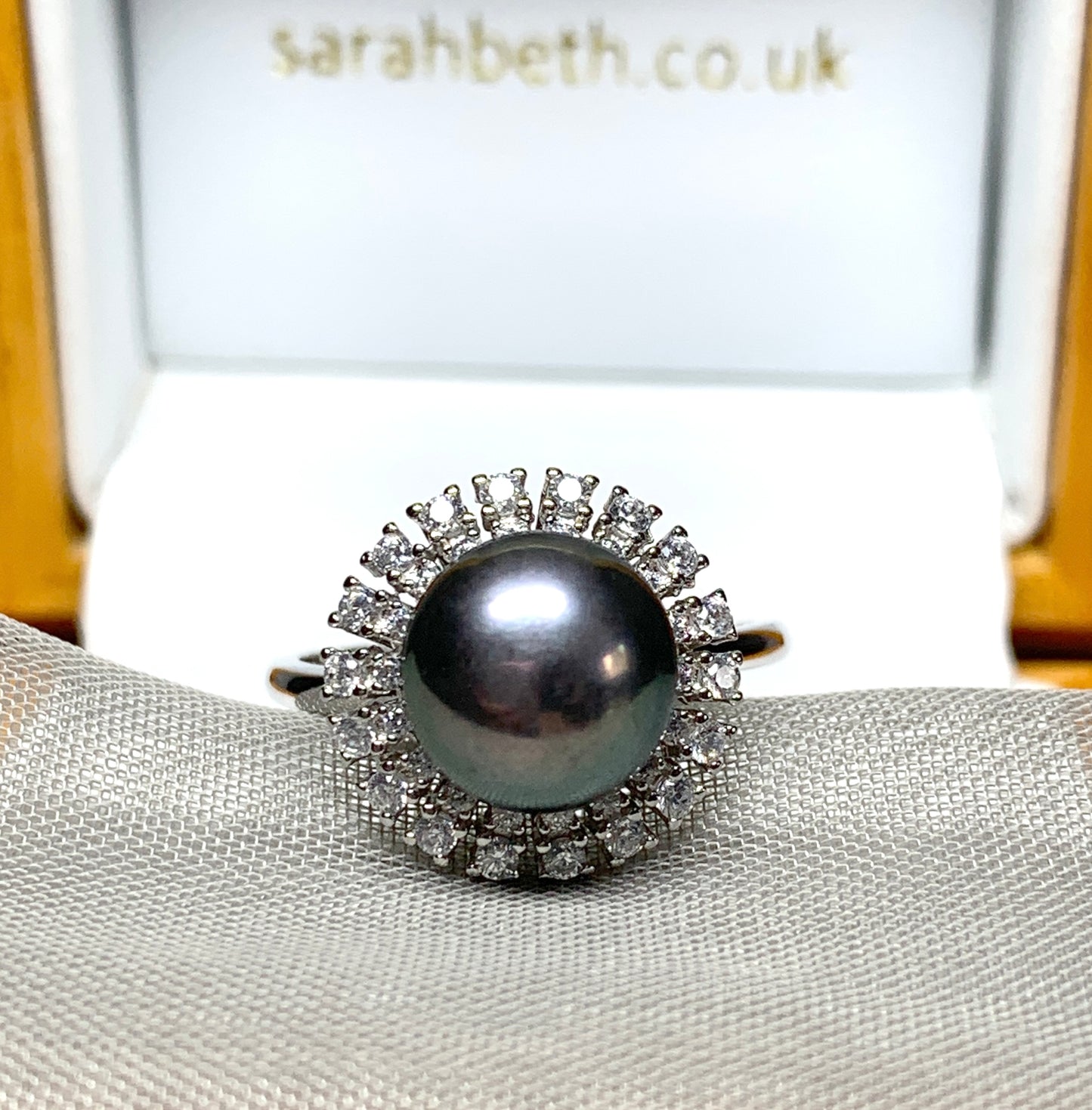 Black grey pearl cluster ring round pearl sterling silver cubic zirconia