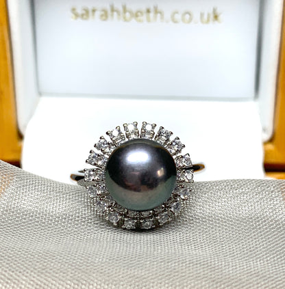 Black grey pearl cluster ring round pearl sterling silver cubic zirconia