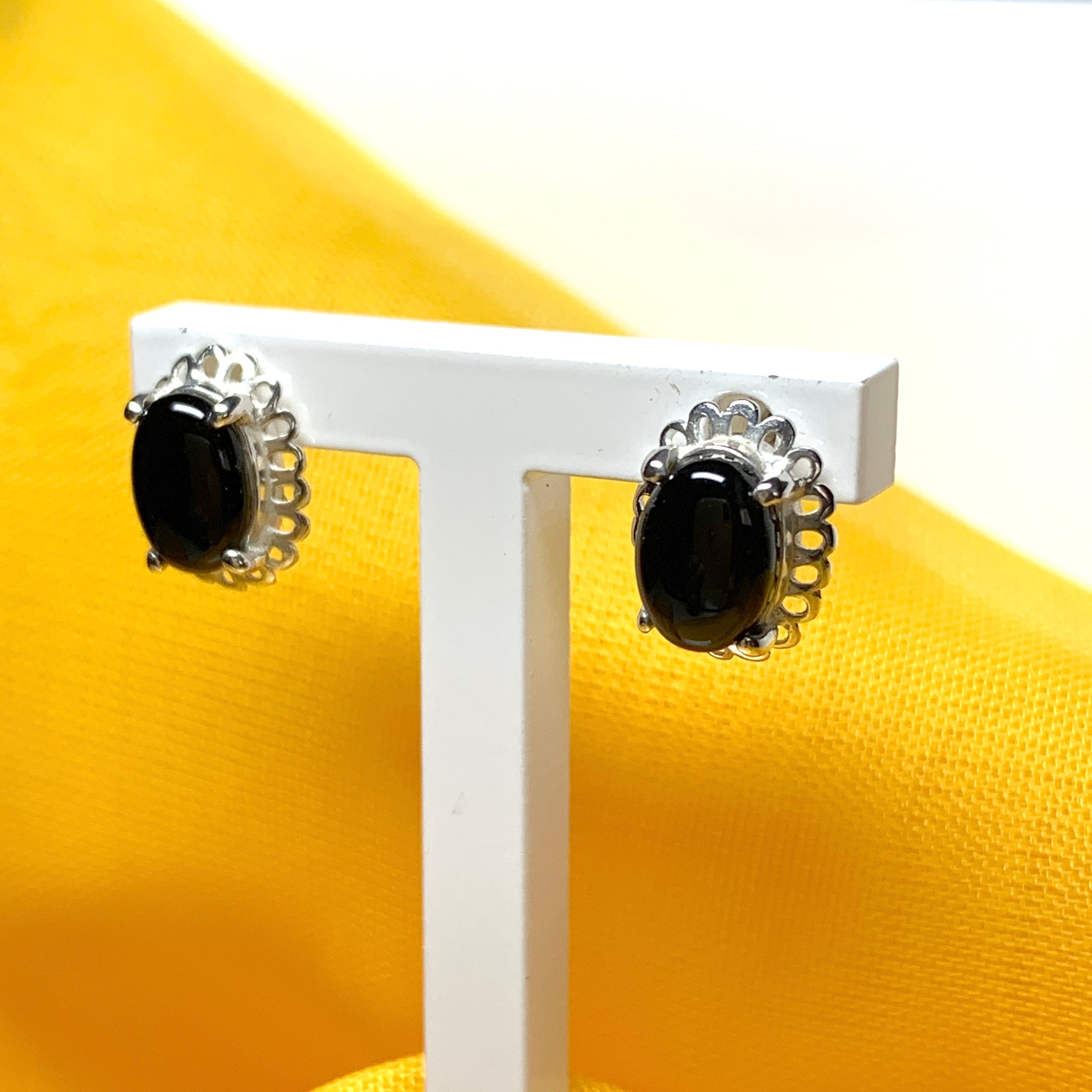 Black onyx oval sterling silver stud earrings