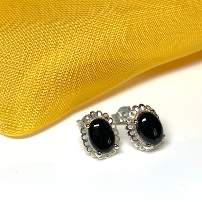 Black onyx oval sterling silver stud earrings