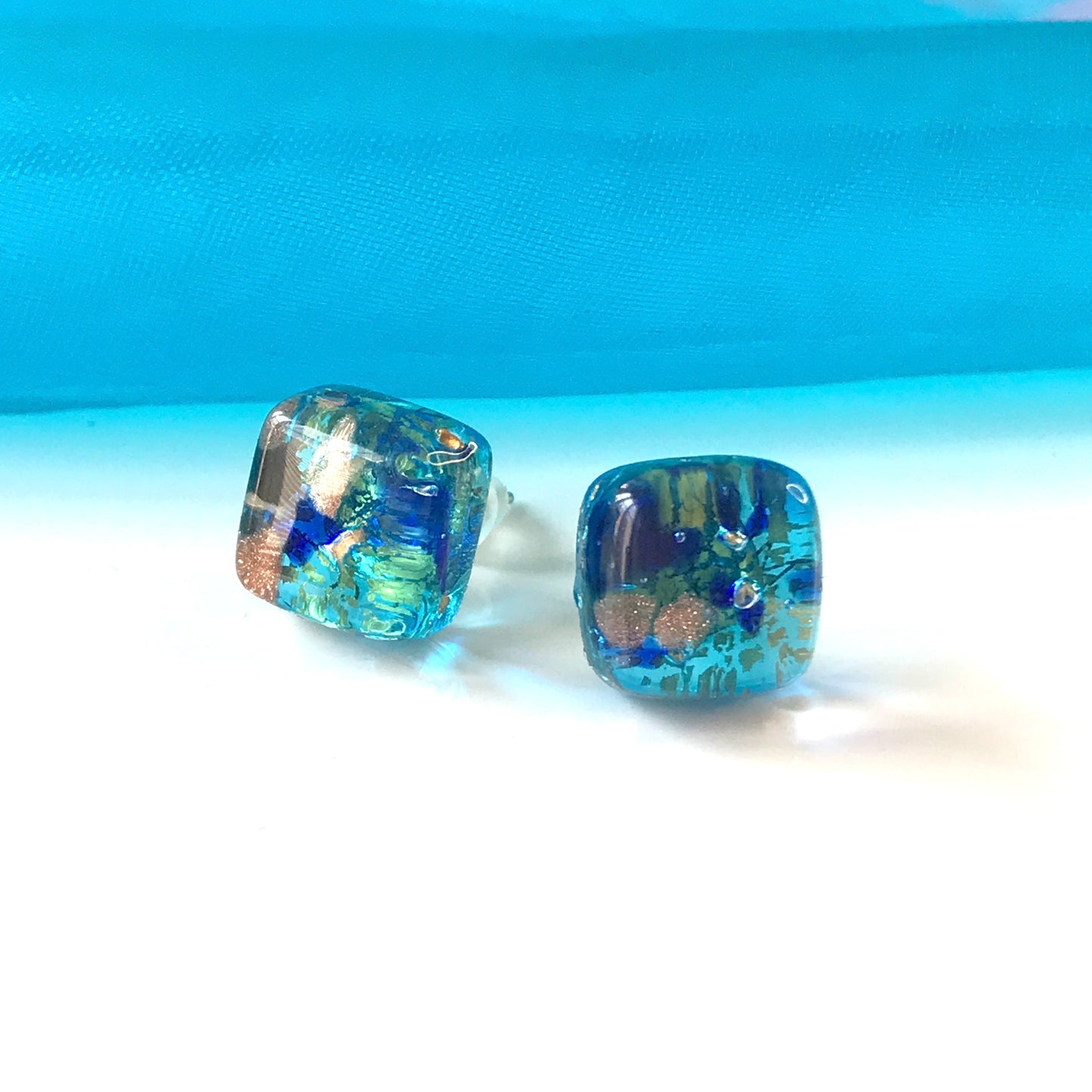 Sea Blue Real Murano Glass Stud Earrings