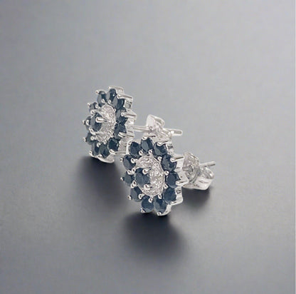 Dark Blue Round Sapphire And Diamond Sterling Silver Cluster Stud Earrings