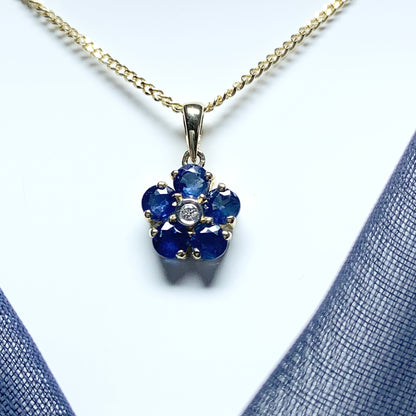 Blue Sapphire And Diamond Yellow Gold Daisy Cluster Necklace