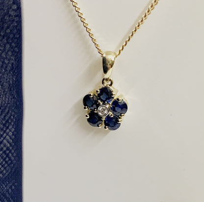 Blue Sapphire And Diamond Yellow Gold Daisy Cluster Necklace