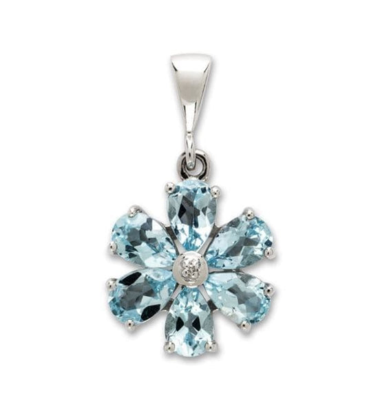 Blue Topaz And Diamond Round Silver Daisy Flower Petal Cluster Necklace Pendant