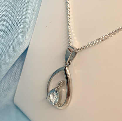 Blue Topaz Pear Shaped Sterling Silver Diamond Set Necklace Pendant