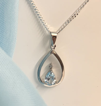 Blue Topaz Pear Shaped Sterling Silver Diamond Set Necklace Pendant