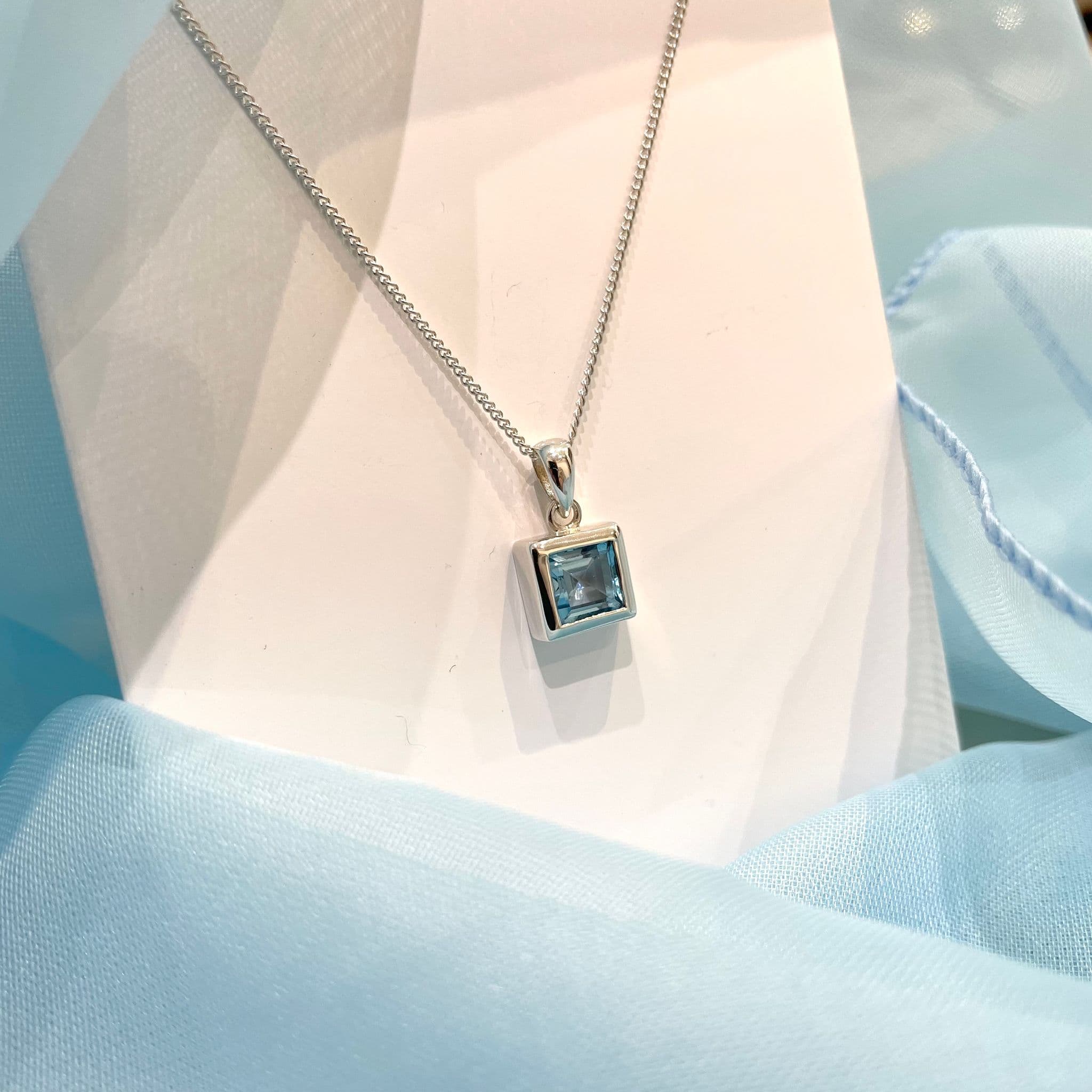 Blue topaz square shaped sterling silver necklace – Sarah Beth