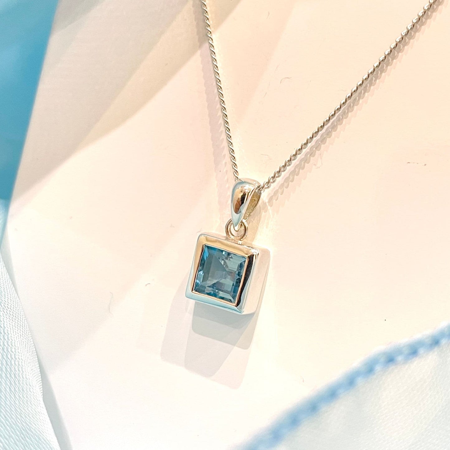 Blue Topaz Square Shaped Sterling Silver Necklace