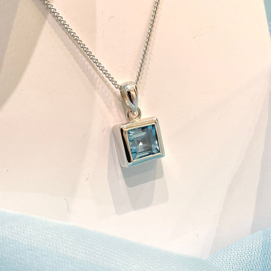 Blue Topaz Square Shaped Sterling Silver Necklace