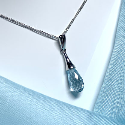 Blue Topaz necklace white gold faceted pendant