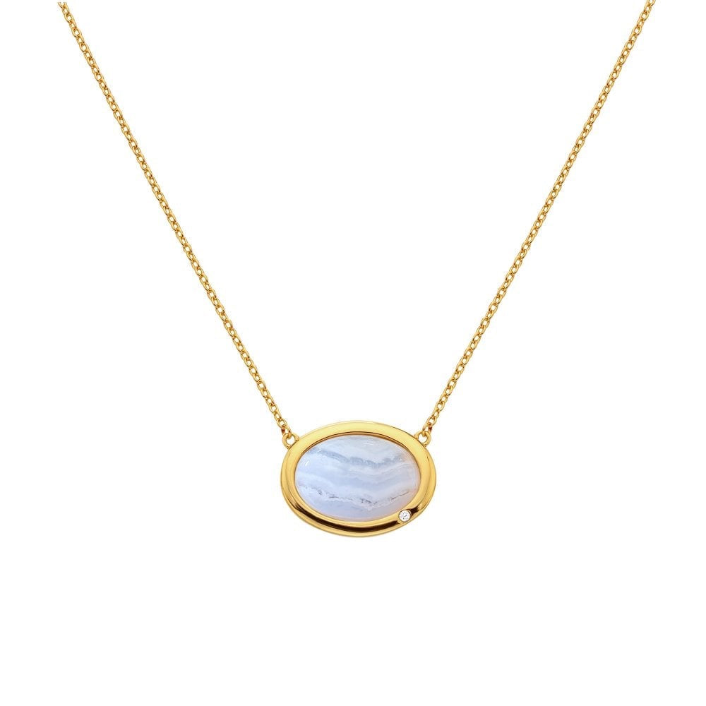 Blue Agate and Diamond Oval White Gold Plated Necklace