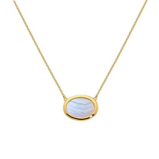 Blue Agate and Diamond Oval White Gold Plated Necklace
