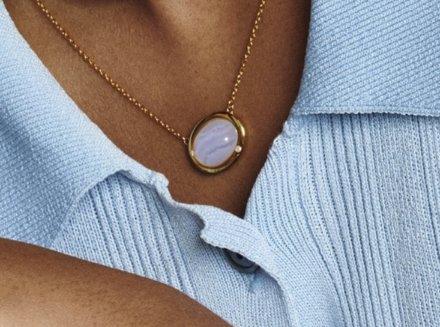 Blue Agate and Diamond Oval White Gold Plated Necklace