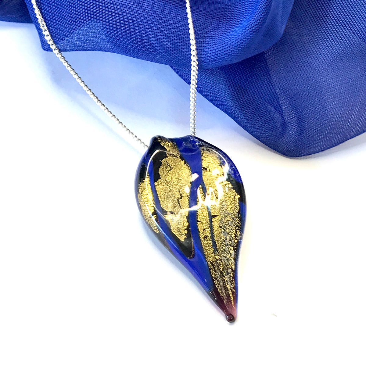 Small Blue And Gold Coloured Real Murano Glass Leaf Shaped Pendant
