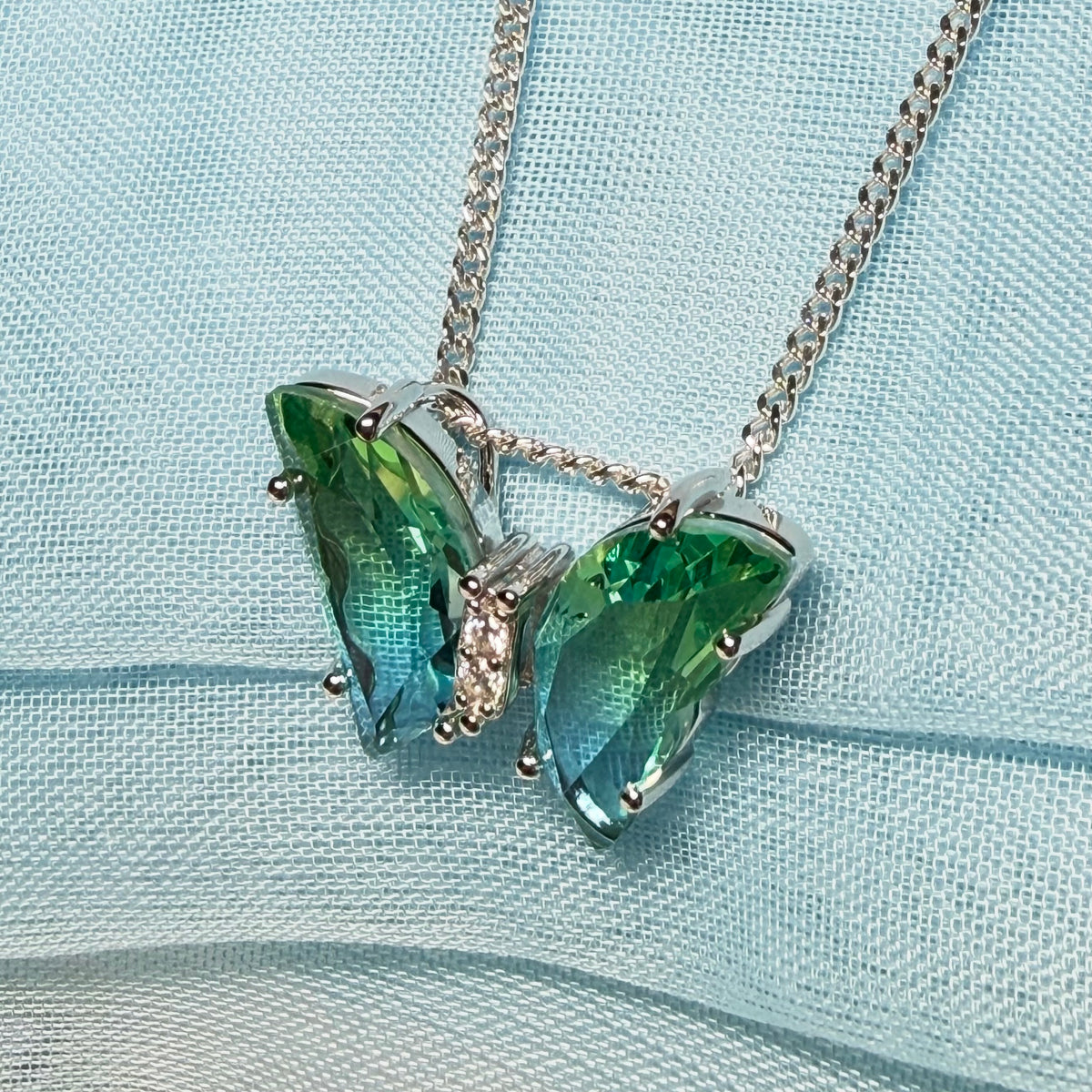 Blue green crystal glass necklace blue butterfly shape pendant sterling silver