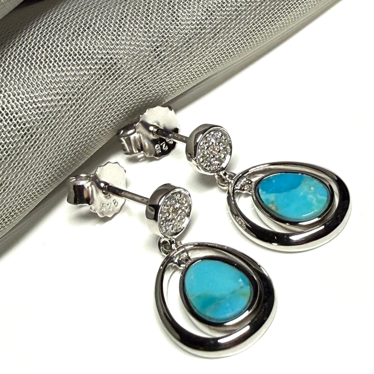 Blue green turquoise oval sterling silver drop earrings double oval