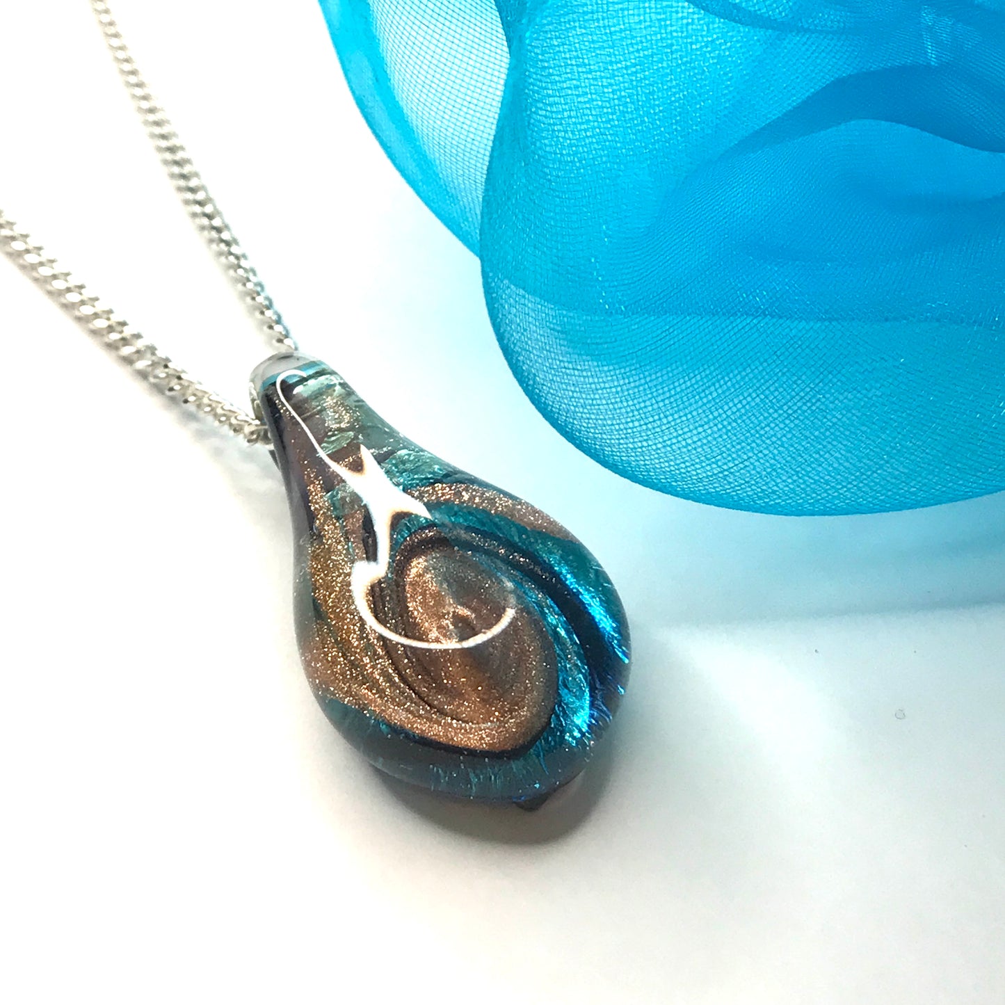 Blue real Murano glass tear drop necklace pendant including chain