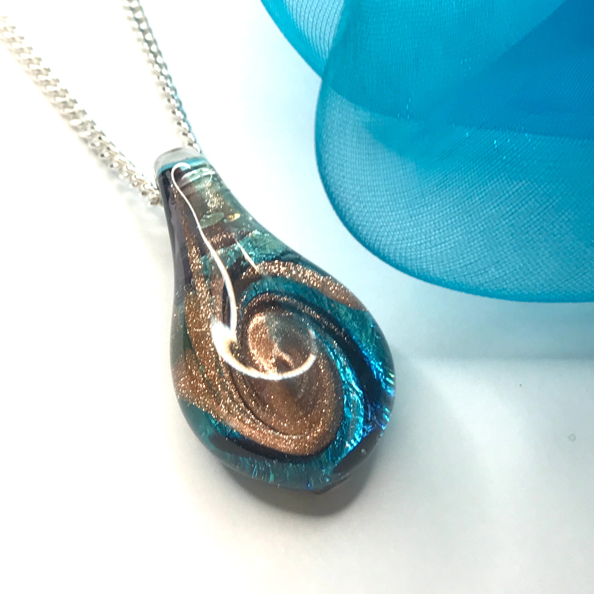 Blue real Murano glass tear drop necklace pendant including chain