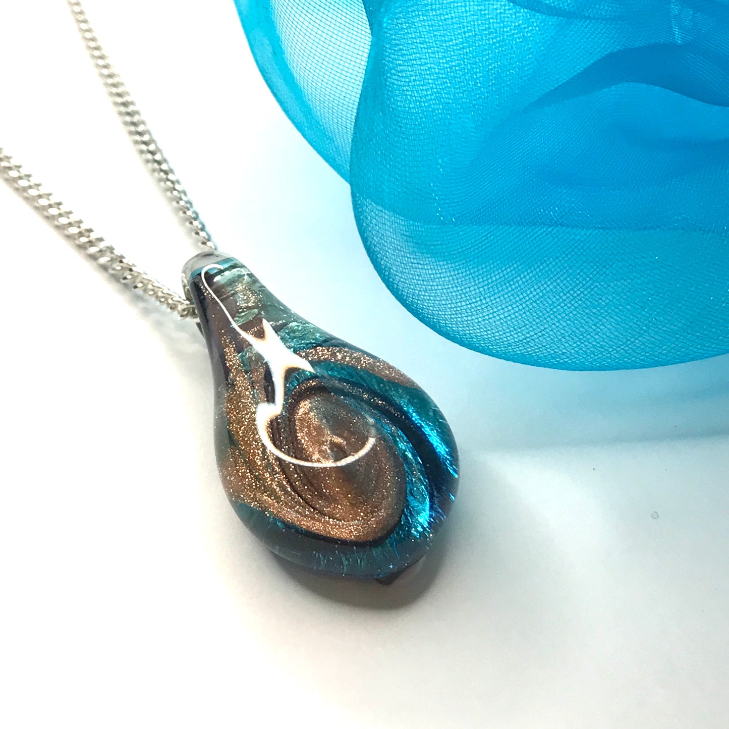 Blue real Murano glass tear drop necklace pendant including chain